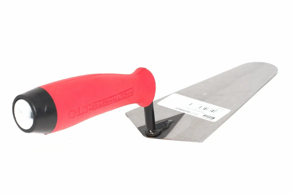 Marshalltown QLT 7" gauging trowel from Cherry Tree Tools with red and black soft grip handle and carbon steel blade.