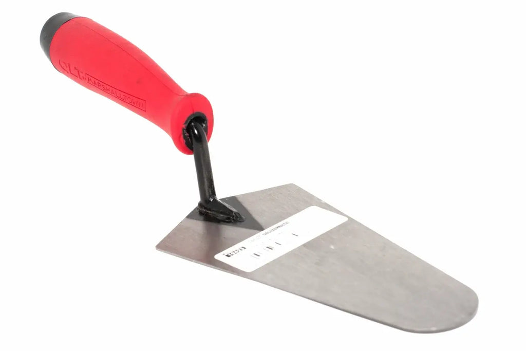 Marshalltown QLT 7" gauging trowel from Cherry Tree Tools with red soft grip handle and carbon steel blade.