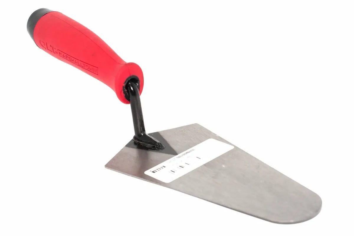 Marshalltown QLT 7" gauging trowel from Cherry Tree Tools with red soft grip handle and carbon steel blade.
