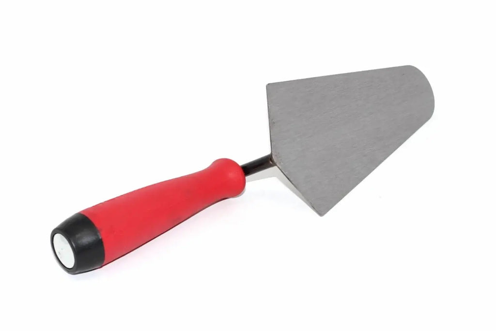 Marshalltown QLT 7" gauging trowel from Cherry Tree Tools with red soft grip handle and grey carbon steel blade.