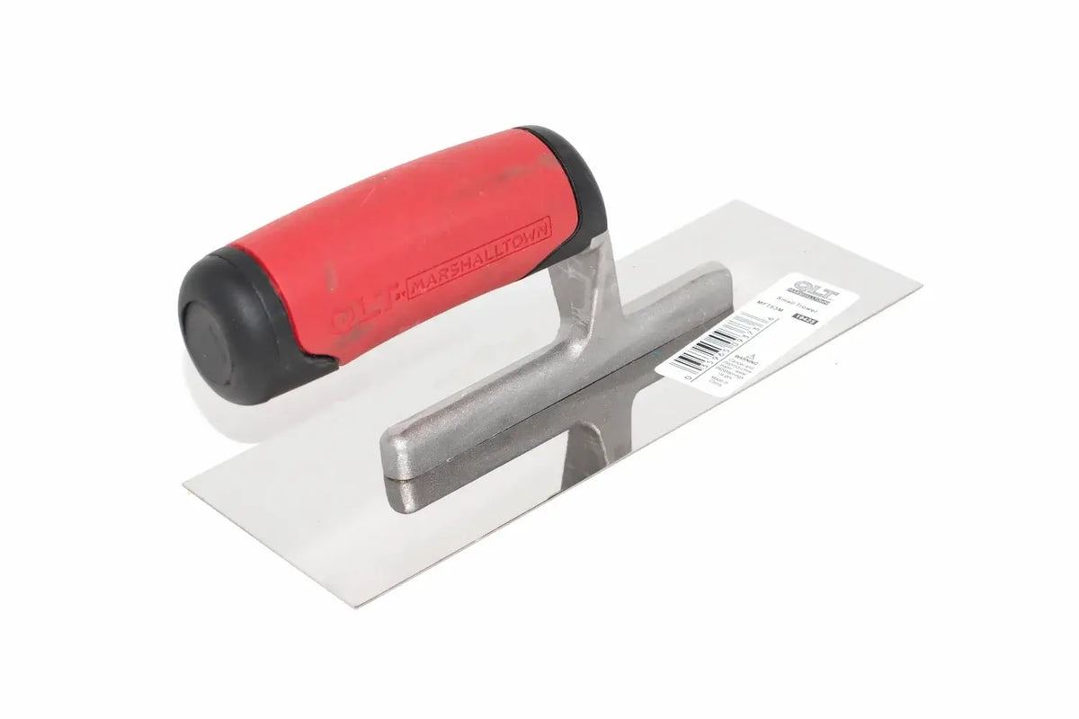 Marshalltown QLT small trowel from Cherry Tree Tools with a red soft-grip handle and carbon steel blade.