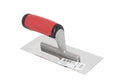 Marshalltown QLT small trowel from Cherry Tree Tools with a red soft grip handle and carbon steel blade