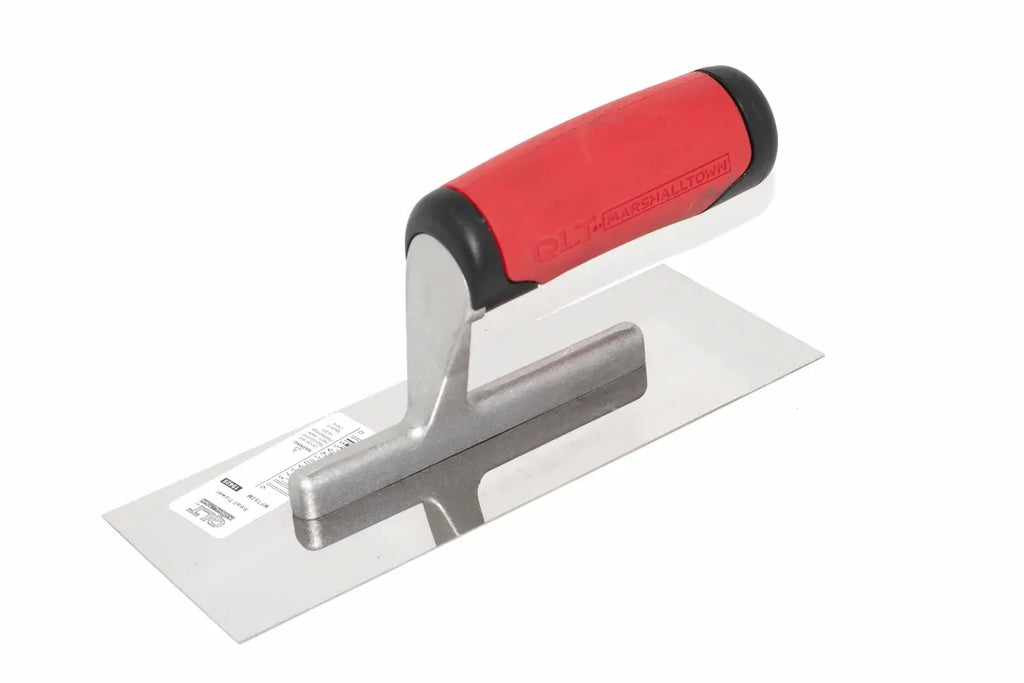 Marshalltown QLT small trowel from Cherry Tree Tools with red soft-grip handle and carbon steel blade.