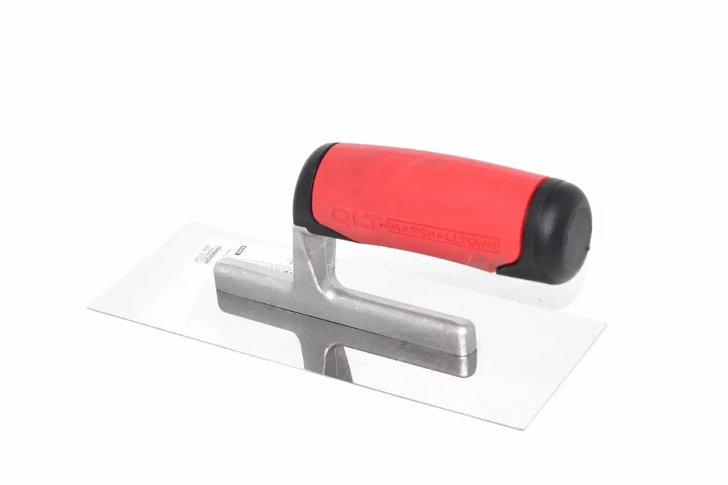 Marshalltown QLT small trowel from Cherry Tree Tools with a red soft-grip handle and carbon steel blade.