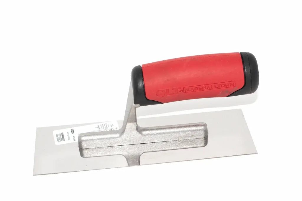 Marshalltown QLT small trowel from Cherry Tree Tools with a red soft-grip handle and carbon steel blade.