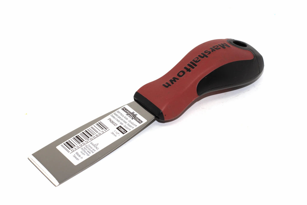 Marshalltown 38mm stiff putty knife from Cherry Tree Tools with red and black solid Durasoft handle and hanging hole