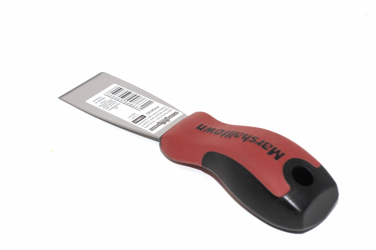 Marshalltown 38mm stiff putty knife from Cherry Tree Tools with a red and black Durasoft handle and hanging hole.