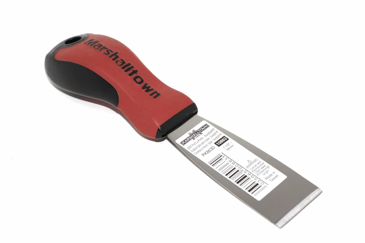 Marshalltown 38mm stiff putty knife from Cherry Tree Tools with red and black solid Durasoft handle and hanging hole