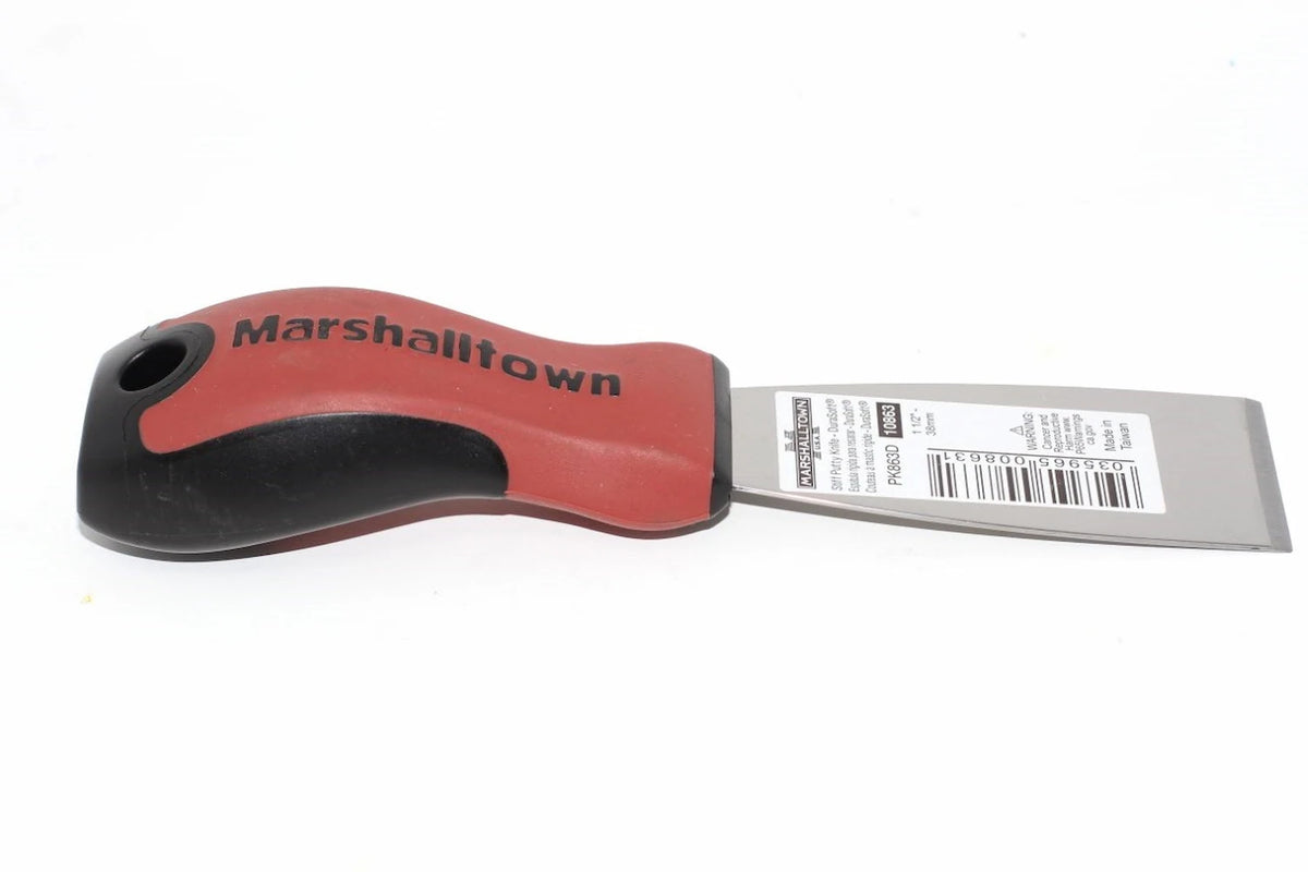 Marshalltown 38mm stiff putty knife in red and black with a solid Durasoft handle and hanging hole from Cherry Tree Tools.