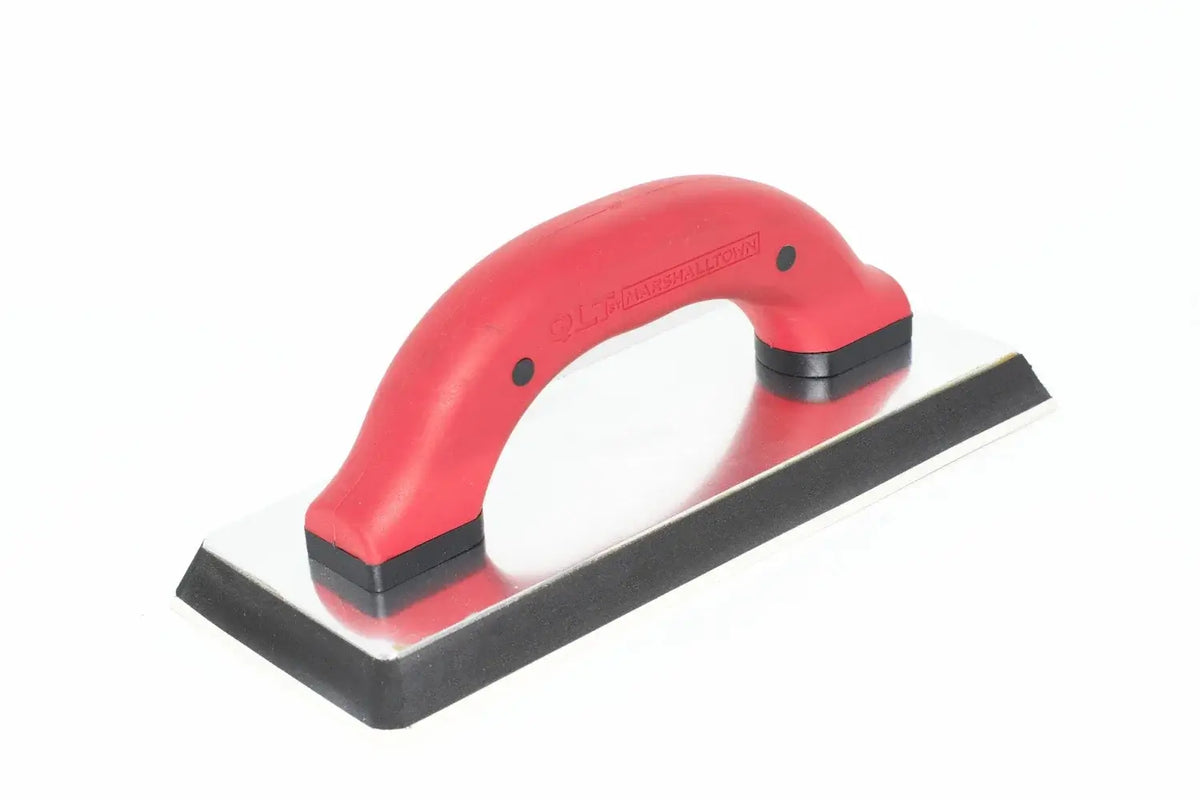 Marshalltown QLT grout float from Cherry Tree Tools in red and black with a durable rubber pad and tempered steel backing