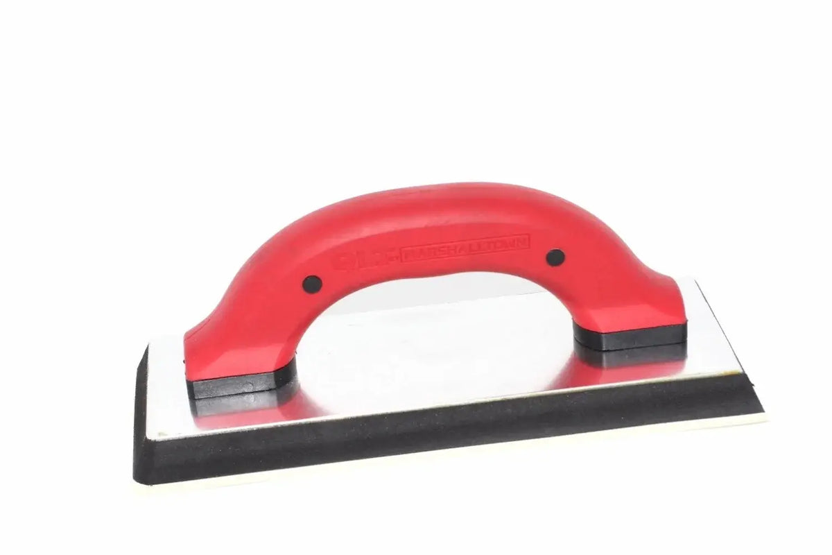 Marshalltown QLT grout float in red from Cherry Tree Tools, with a durable rubber pad and tempered steel backing