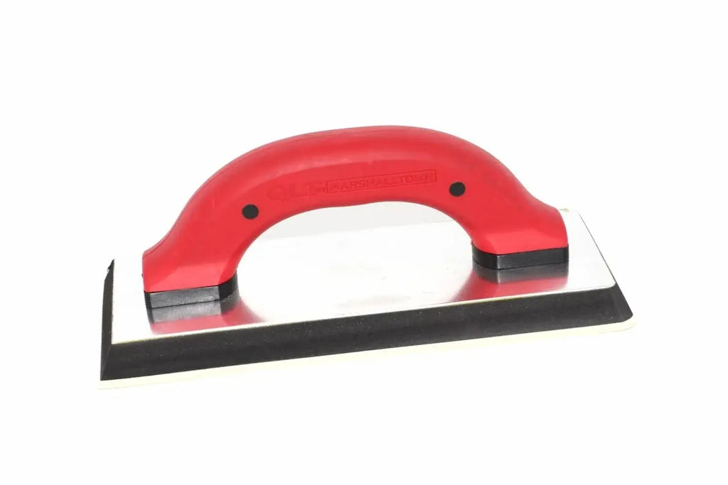 Marshalltown QLT grout float from Cherry Tree Tools in red with a durable rubber pad and tempered steel backing.