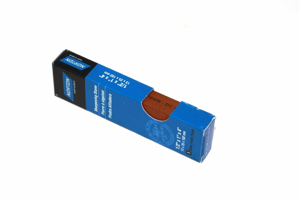Norton India Fine Sharpening Stone by Cherry Tree Tools, blue and black rectangular fine-grade aluminium oxide