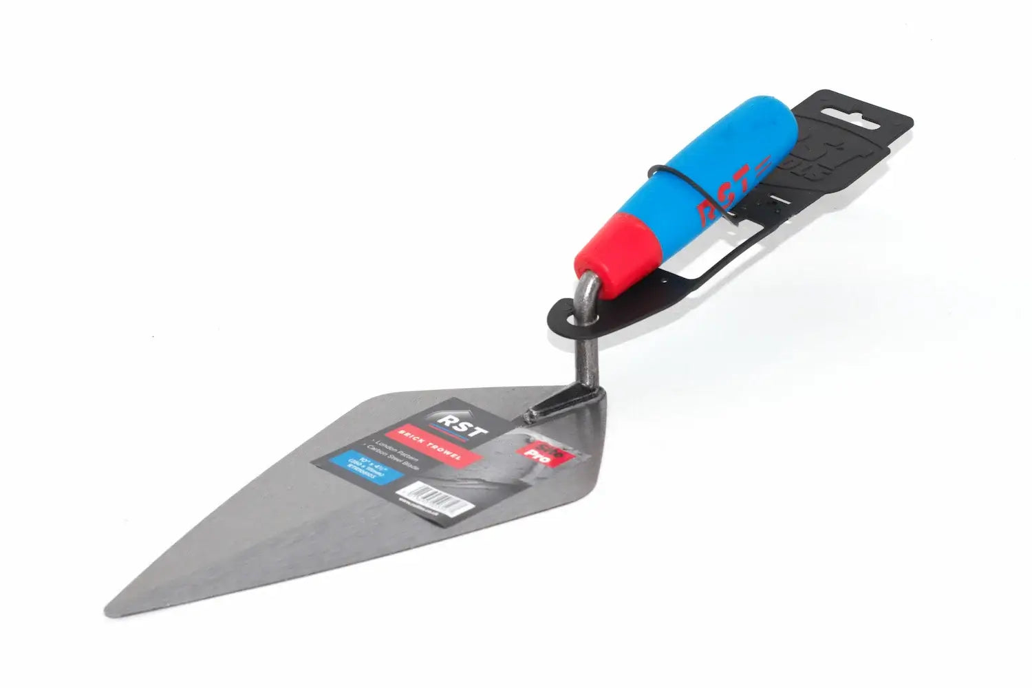 RST London Pattern Brick Trowel 10" metal construction with a blue and red plastic handle and a black hanging card, photographed on a plain white background.