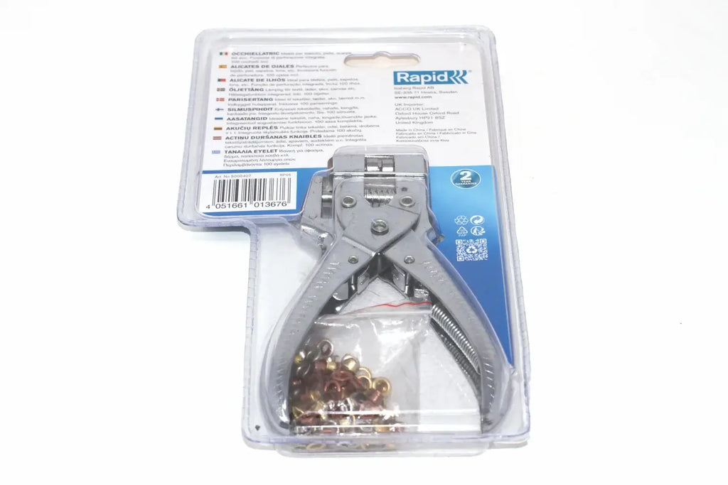 Rapid Eyelet Pliers with 100 4mm eyelets by Cherry Tree Tools, with integrated hole punch and ergonomic handles