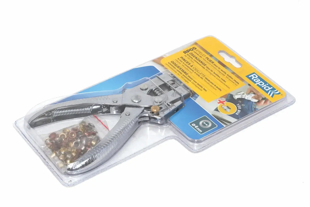 Rapid Eyelet Pliers with 100 4mm eyelets by Cherry Tree Tools, blue and silver ergonomic handles