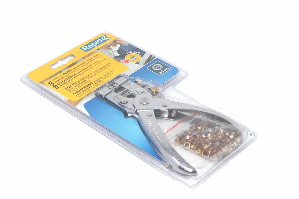 Rapid Eyelet Pliers with 100 4mm Eyelets by Cherry Tree Tools, silver tool with integrated hole punch