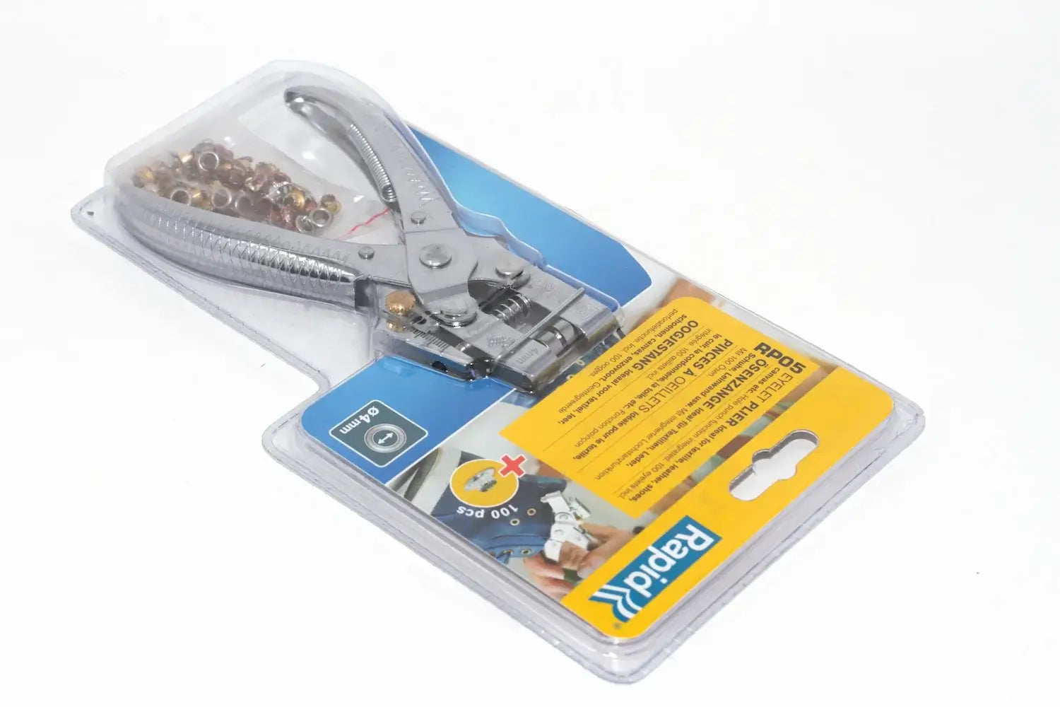 Rapid Eyelet Pliers with 100 4mm Eyelets by Cherry Tree Tools, blue and silver ergonomic handles
