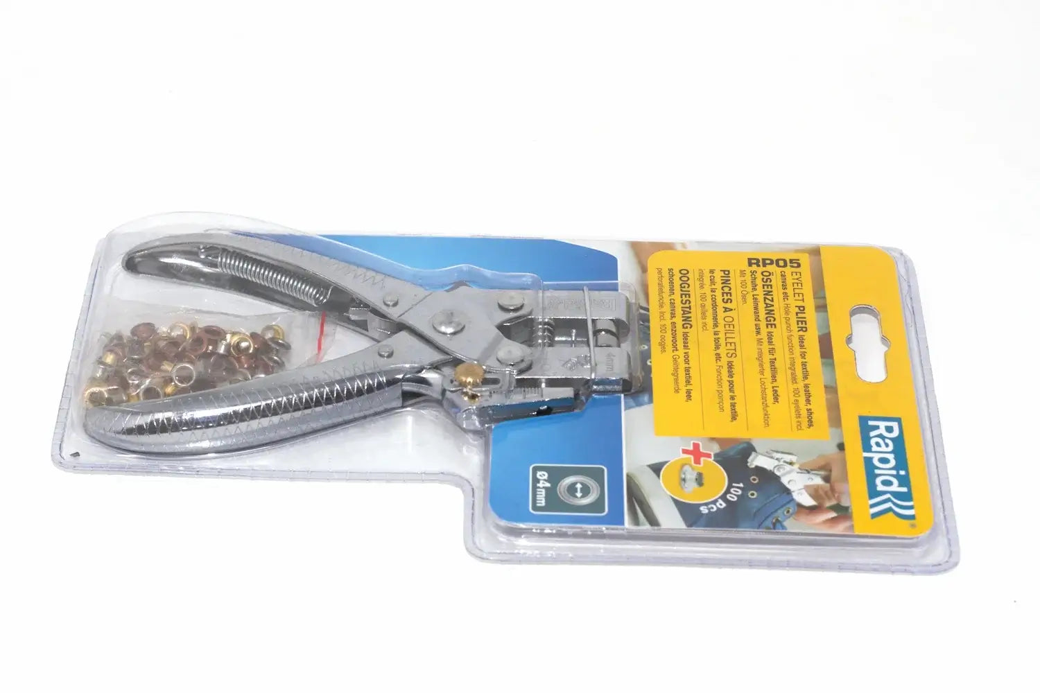 Rapid Eyelet Pliers with 100 4mm Eyelets by Cherry Tree Tools, silver with integrated hole punch
