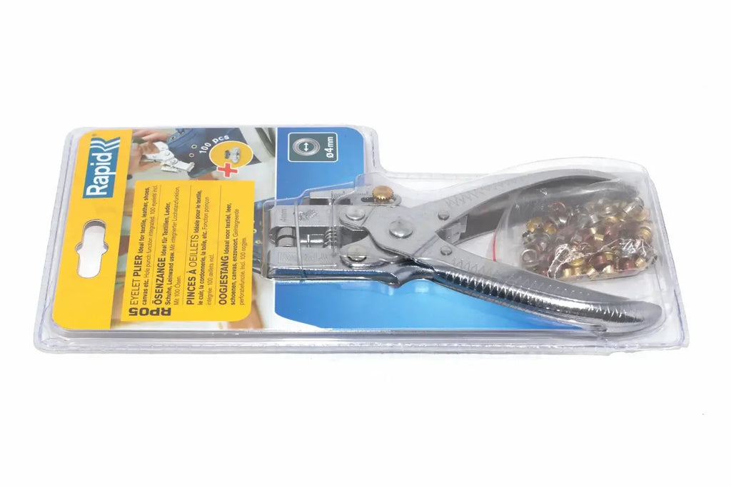 Rapid Eyelet Pliers with 100 4mm Eyelets by Cherry Tree Tools, blue handled tool with integrated hole punch