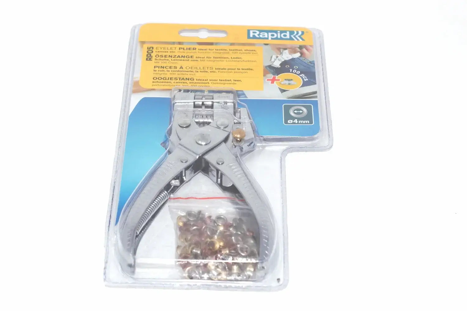 Rapid Eyelet Pliers with 100 4mm Eyelets by Cherry Tree Tools, with integrated hole punch and ergonomic handles