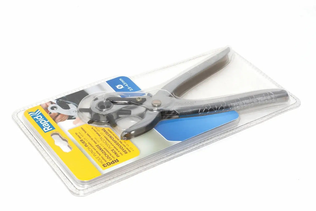 Rapid Rotating Hole Punch Pliers by Cherry Tree Tools, blue and silver steel ergonomic rotating head