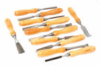 Rolson 12pc Wood Carving Chisel Set displayed with high-quality steel blades and comfortable wooden handles.