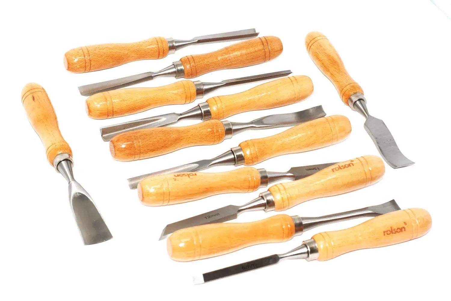 Rolson 12pc Wood Carving Chisel Set displayed with high-quality steel blades and comfortable wooden handles.