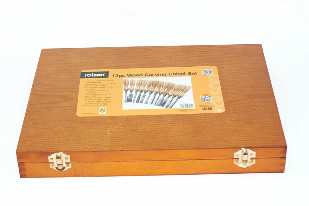 Rolson 12pc Wood Carving Chisel Set packaging displayed on a wooden case with a label on top.