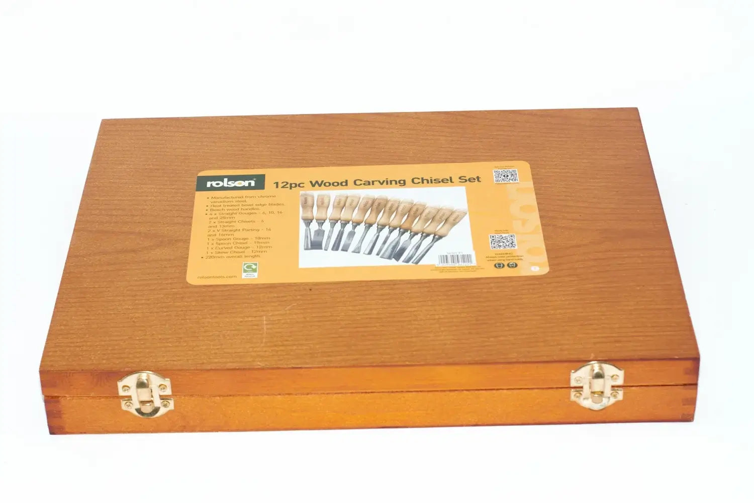 Rolson 12pc Wood Carving Chisel Set packaging displayed on a wooden case with a label on top.