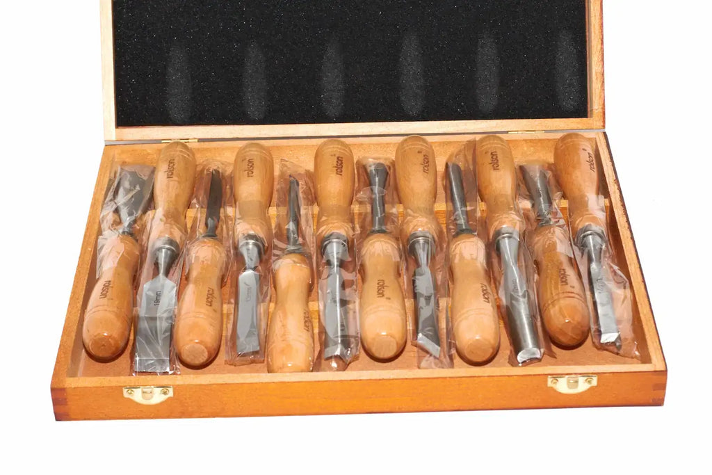 Rolson 12pc Wood Carving Chisel Set displayed in a wooden case with high-quality tools ready for carving.