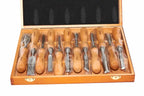 Rolson 12pc Wood Carving Chisel Set displayed in a wooden case with high-quality tools ready for carving.