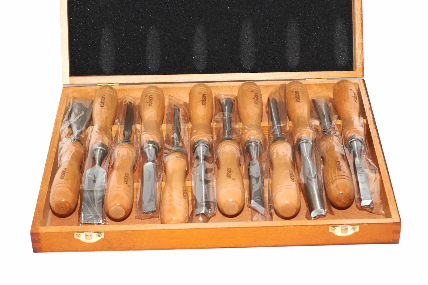 Rolson 12pc Wood Carving Chisel Set displayed in a wooden case with high-quality tools ready for carving.