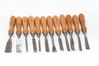 Rolson 12pc Wood Carving Chisel Set displayed, featuring durable steel blades and comfortable wooden handles.