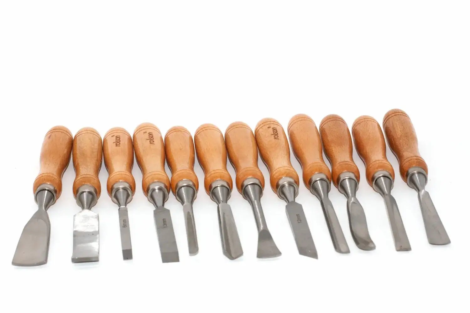 Rolson 12pc Wood Carving Chisel Set showing high-quality steel blades and comfortable wooden handles.