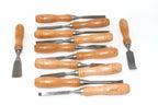 Rolson 12pc Wood Carving Chisel Set displayed with wooden handles and steel blades for precise carving.