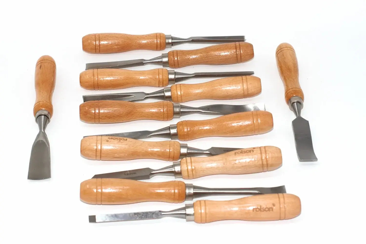Rolson 12pc Wood Carving Chisel Set displayed with wooden handles and steel blades for precise carving.