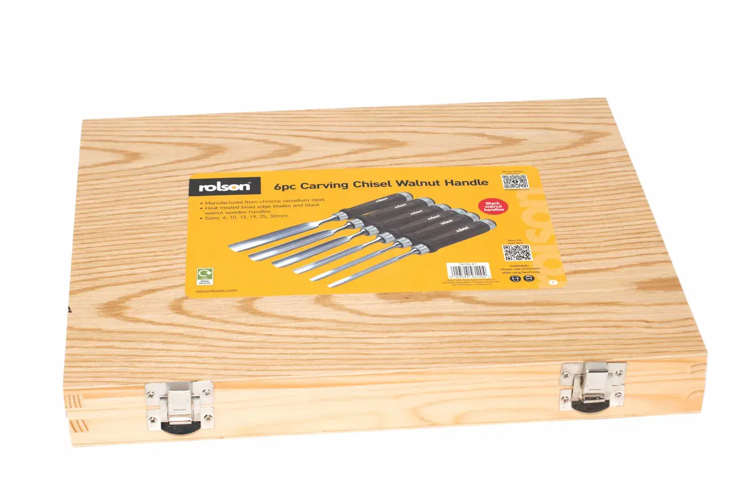 Rolson 6pc Wood Carving Gouge Chisel Set by Cherry Tree Tools with walnut handles in a wooden storage box