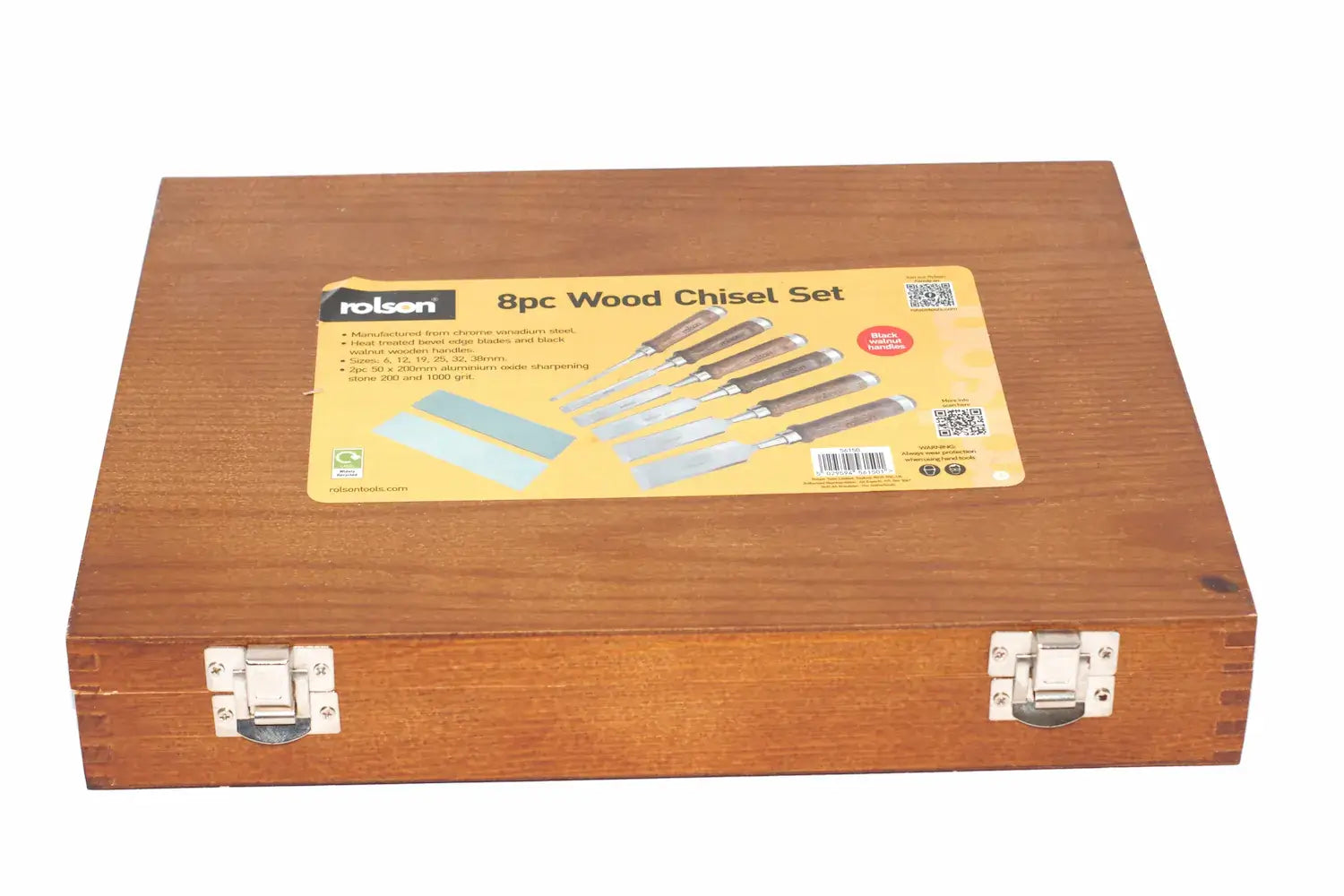 Rolson 8pc Bevel Edge Wood Chisel Set by Cherry Tree Tools, wooden storage box with chrome vanadium blades