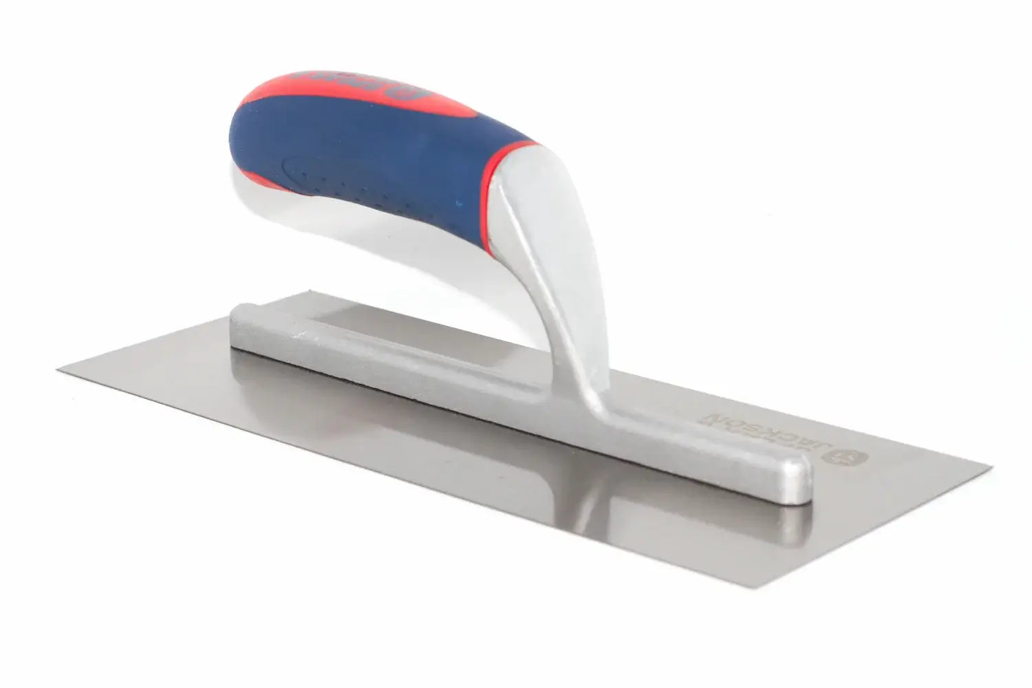 Spear & Jackson plastering trowel -A flat metal trowel with a blue, red, and white ergonomic handle, shown on a plain white background.