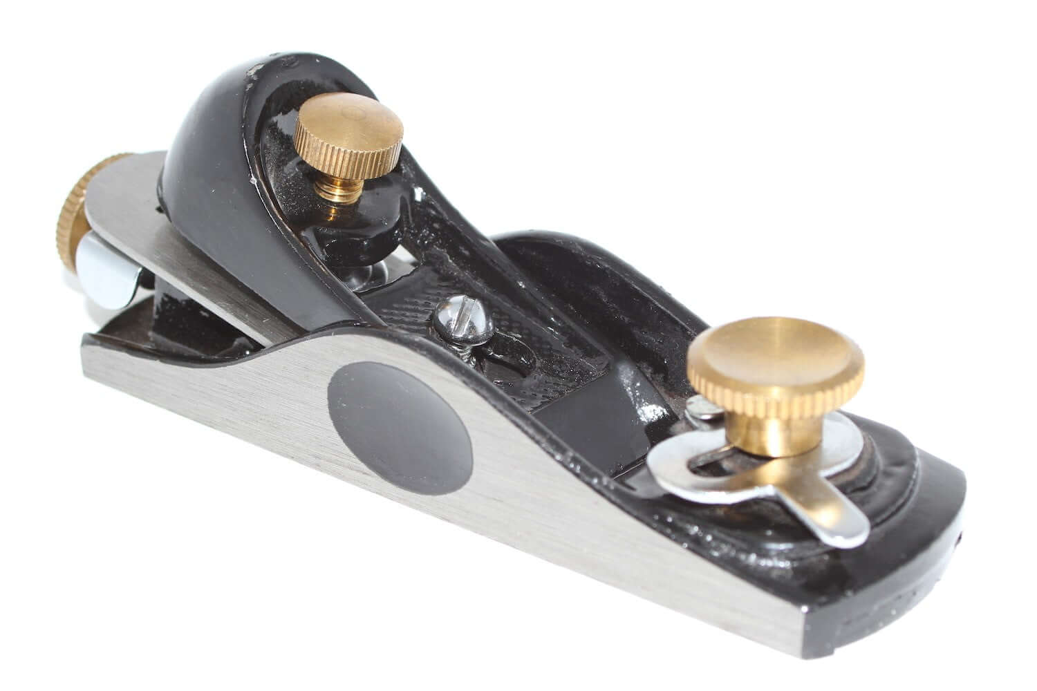 Silverline No 2 Block Plane 35mm low angle displayed from the side, showcasing its robust design and precision features.