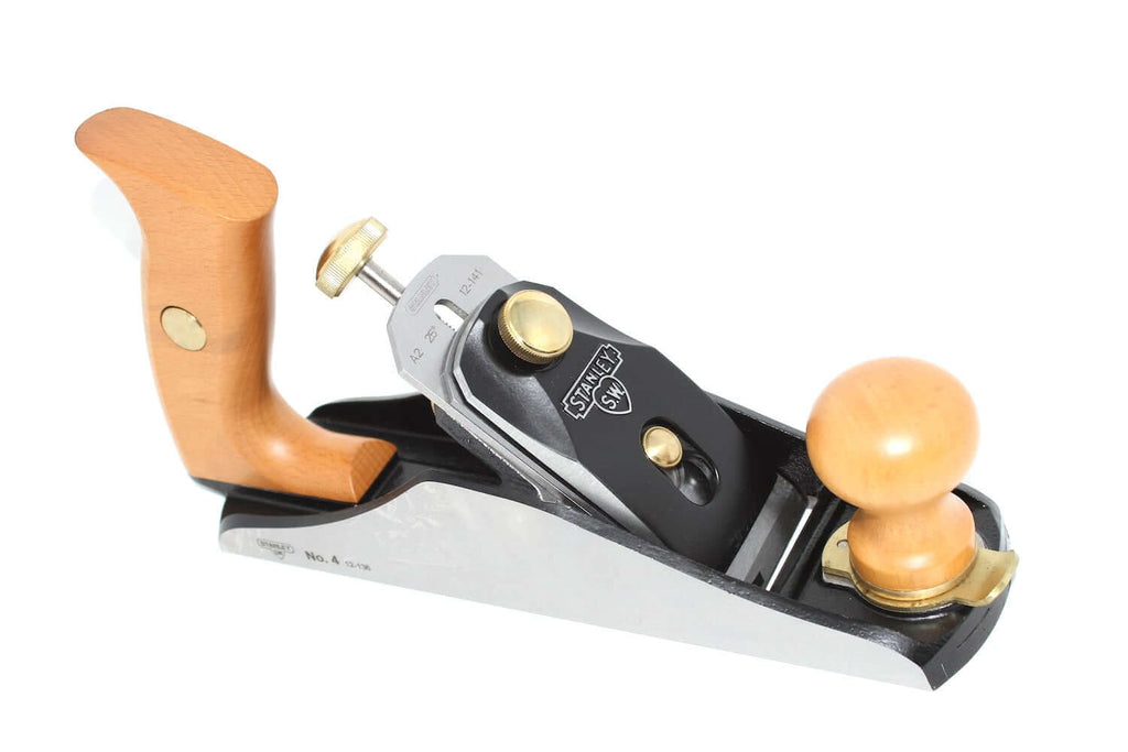 Stanley Bailey Sweetheart No4 Hand Plane with ergonomic cherry wood handle and precision-ground cutter.