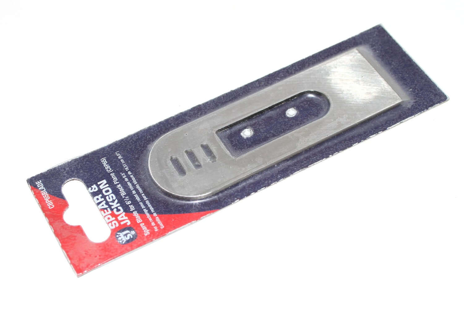 Spear & Jackson block plane Blade For Block Plane CBP65 displayed on a packaging card, ideal for woodworking tasks.