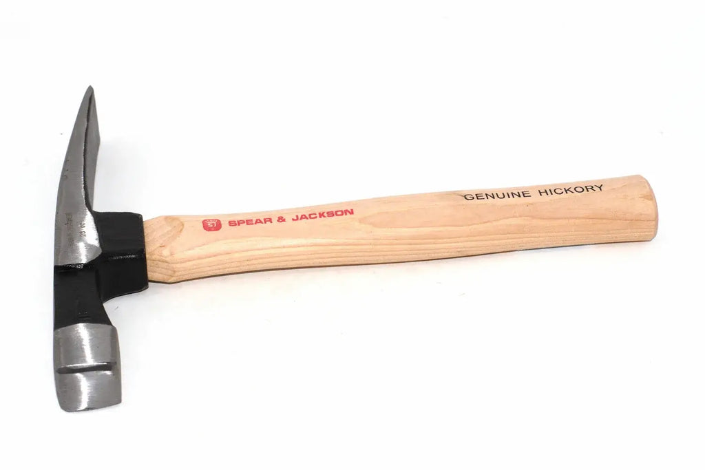 Spear & Jackson 25oz bricklayers hammer, double-ended  with a light natural wood handle and a silver steel head, featuring the Spear & Jackson brand logo and 'Genuine Hickory' text on the handle, set against a plain white background.