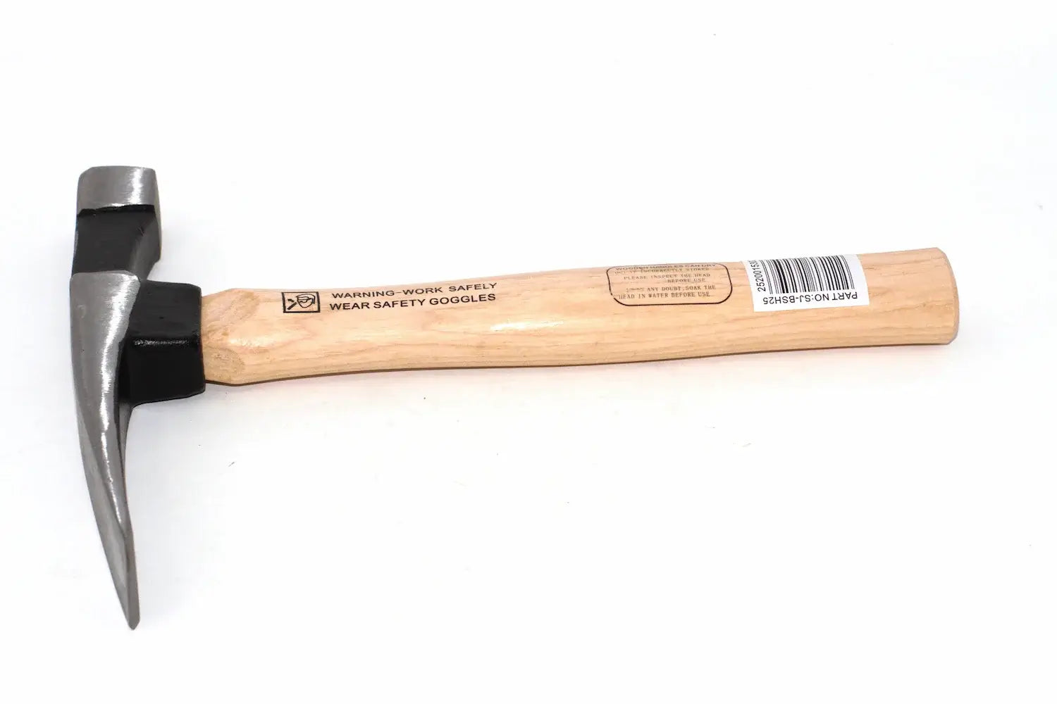 Spear & Jackson 25oz bricklayers hammer with a light wood handle and a silver metal head, featuring a black finish and a barcode label on the handle, set against a plain white background.