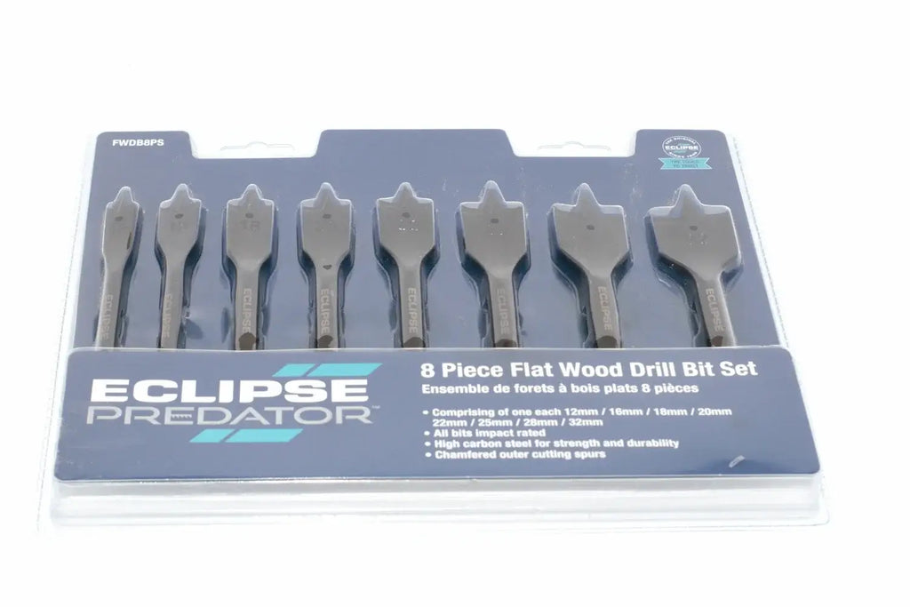Eclipse Professional 8pc Drill Bit Set by Cherry Tree Tools, steel flat bits in a blue case