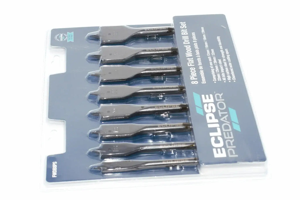 Eclipse Professional 8pc Drill Bit Set by Cherry Tree Tools, steel flat bits with precision-fit design