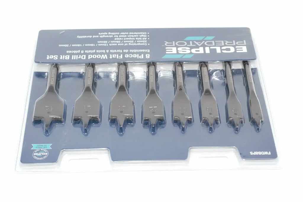 Eclipse Professional 8pc Drill Bit Set by Cherry Tree Tools, steel flat bits in a blister pack