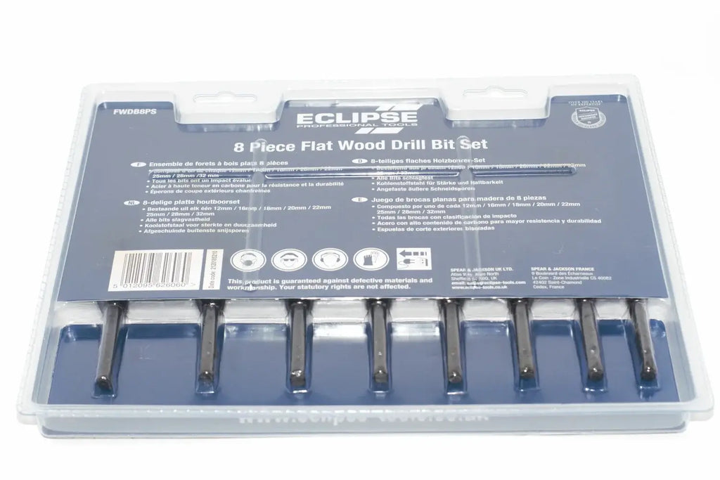 Eclipse Professional 8pc Drill Bit Set by Cherry Tree Tools, steel flat bits in clear plastic case