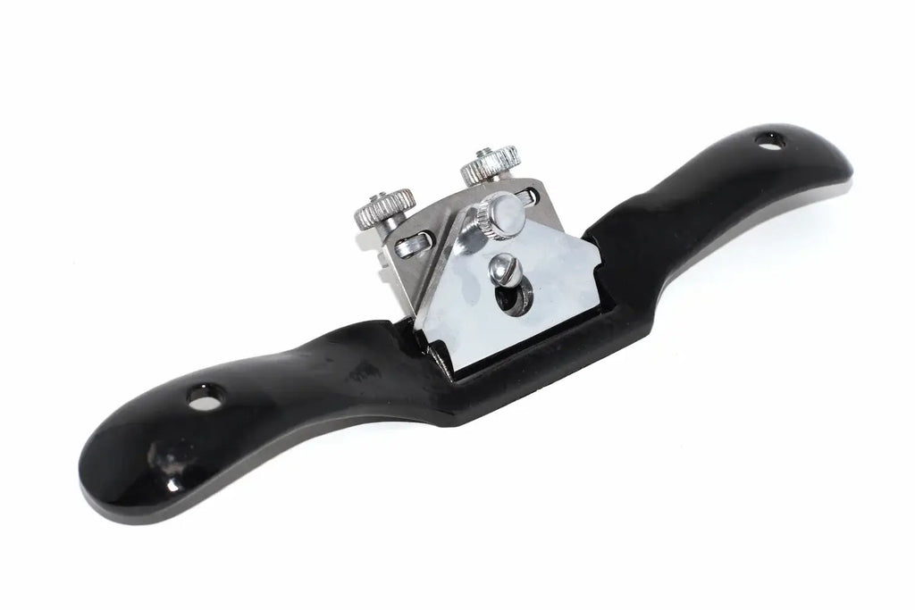 Spear & Jackson Flat Spokeshave with a polished silver metal cutter retainer and depth of cut screws